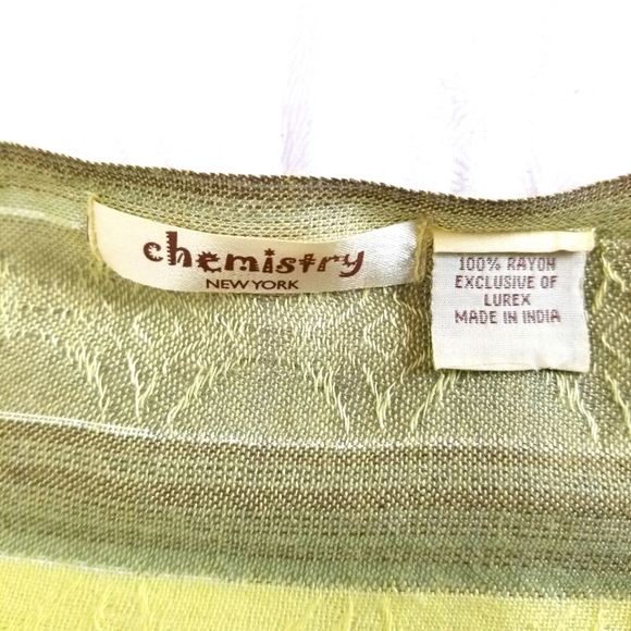Chemistry chartreuse espresso brown striped scarf silver metallic thread fringe - Picture 6 of 6